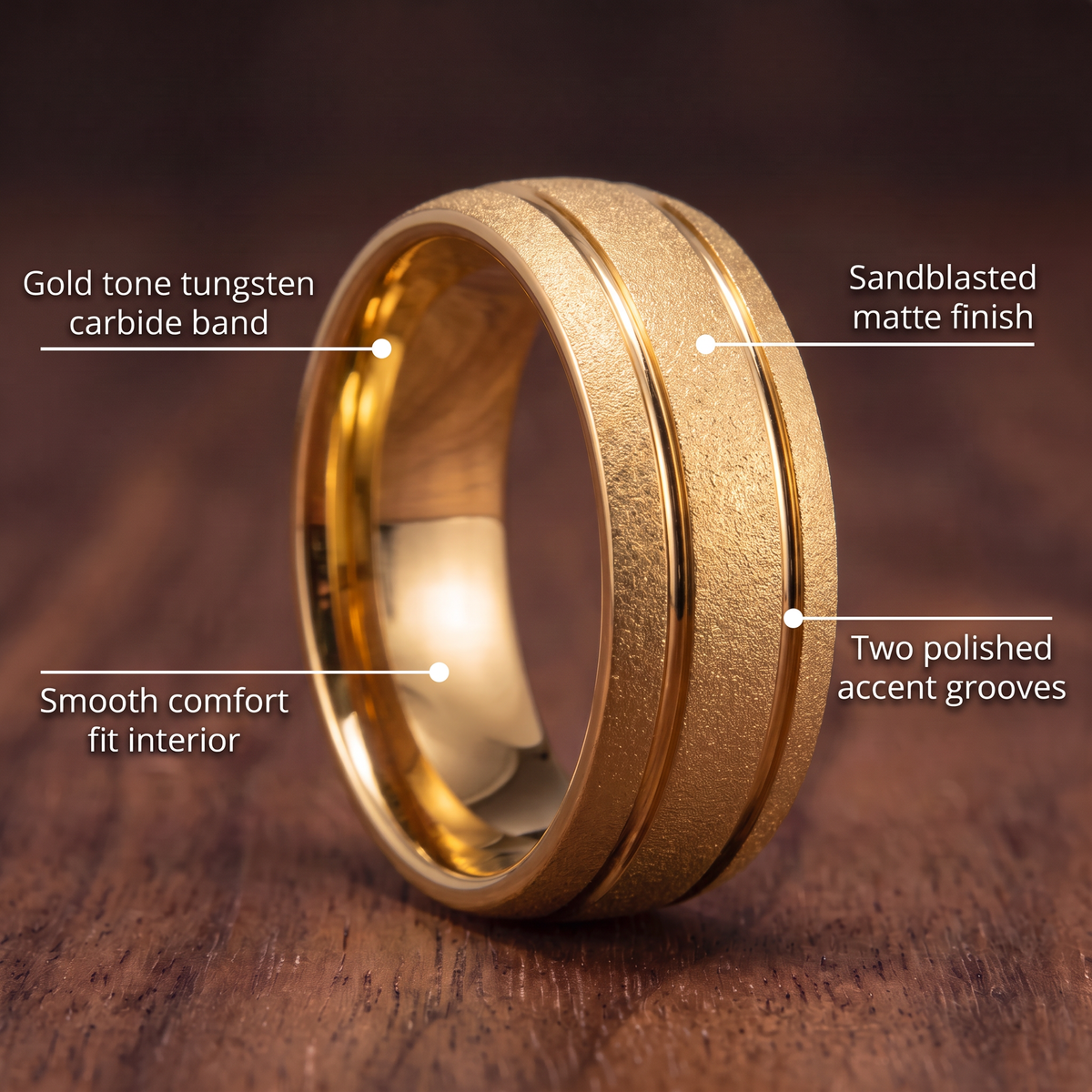 The Granite gold tungsten ring on a walnut table with callouts for gold tone tungsten carbide band, sandblasted matte finish, two polished accent grooves and smooth comfort fit interior