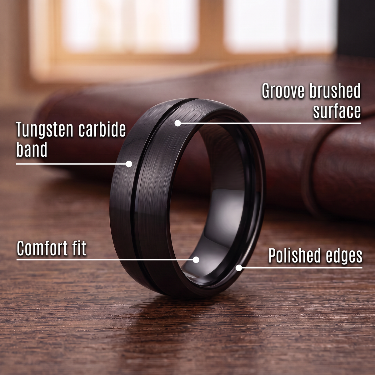 The Furrow black brushed tungsten ring with feature callouts