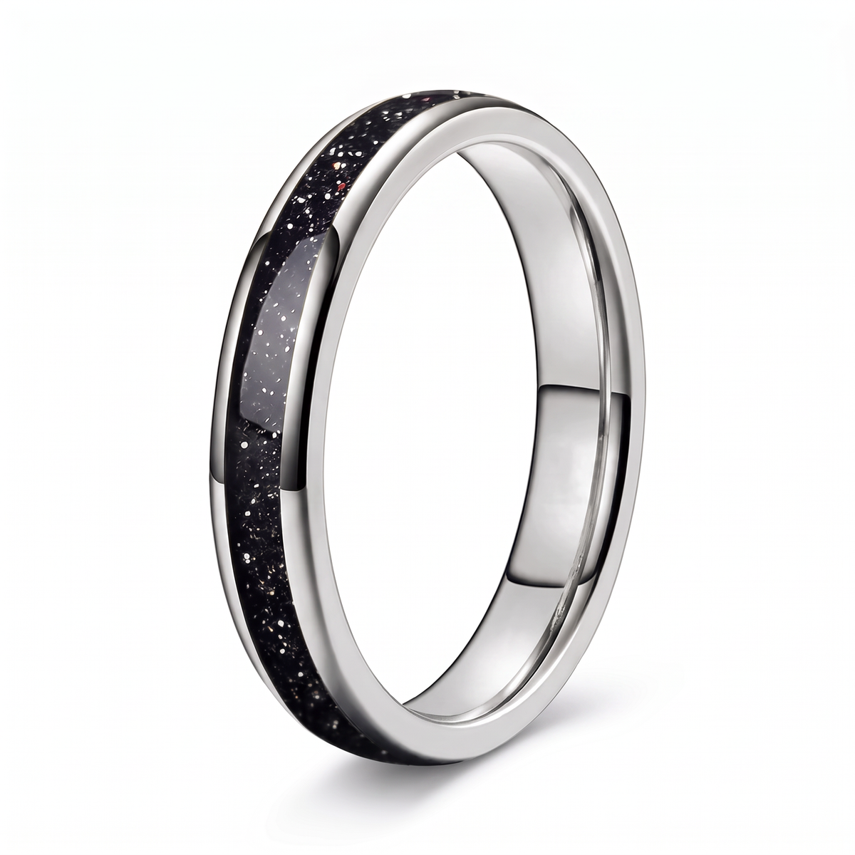 The Vega silver color tungsten ring with a galaxy opal inlay, on a white background