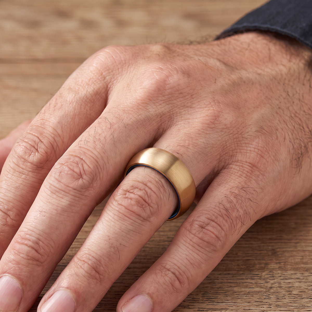 Close up of a man's hand wearing The Lantern brushed gold color tungsten ring