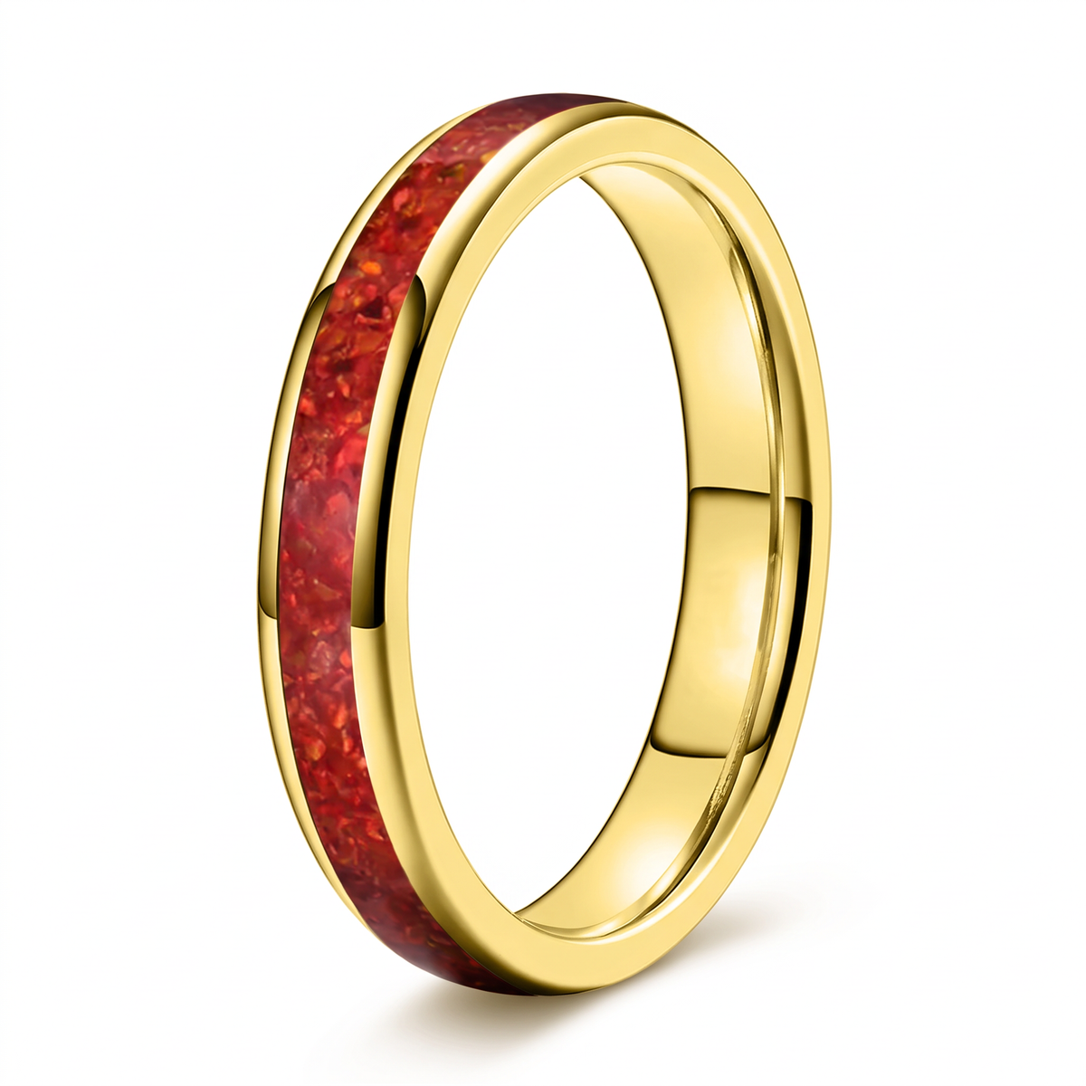 The Cinder gold color tungsten ring with a red opal inlay, on a white background