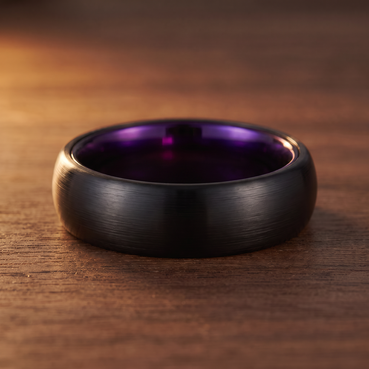 The Lantern brushed black tungsten ring with a purple aluminum interior lying flat on dark walnut wood