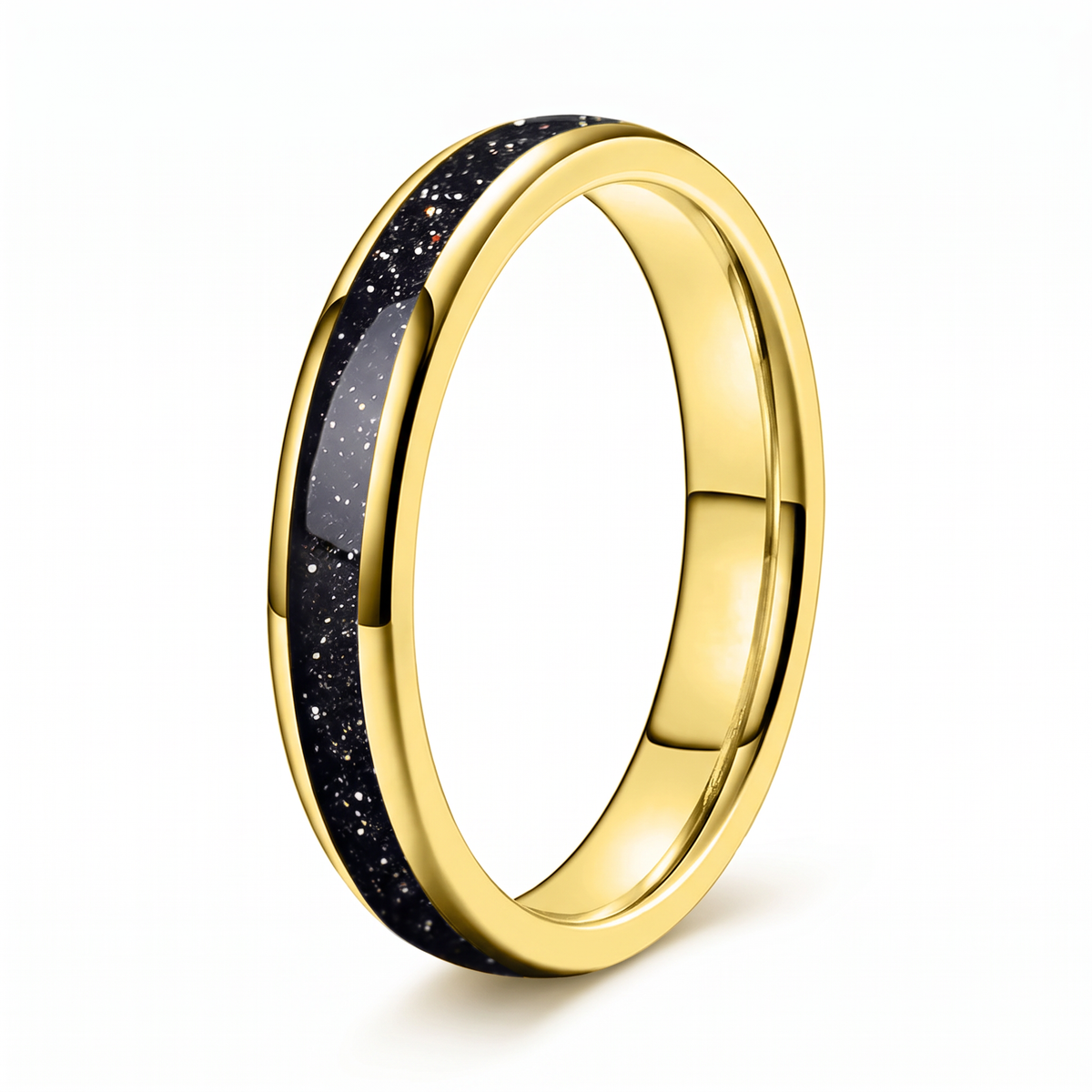 The Vega gold color tungsten ring with a galaxy opal inlay, on a white background