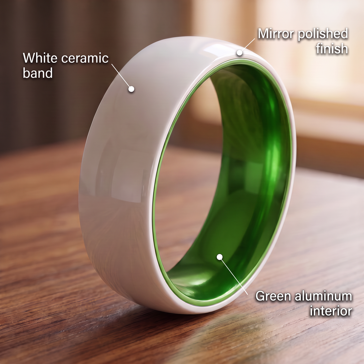 White ceramic band, green aluminum interior and mirror polished finish callouts