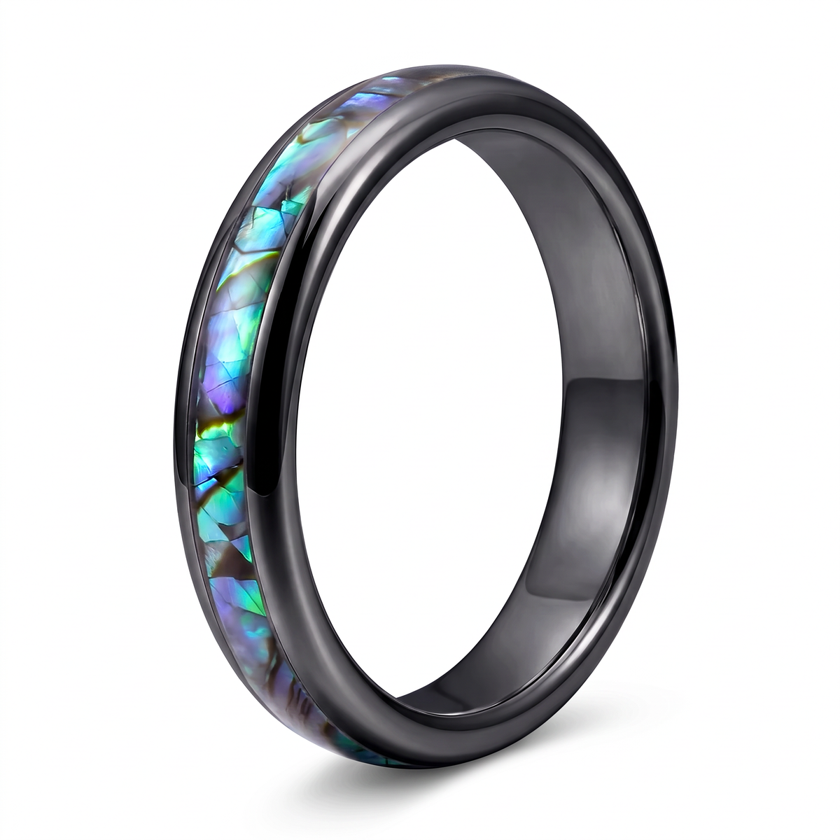 The Iris black tungsten ring with an abalone shell inlay, on a white background