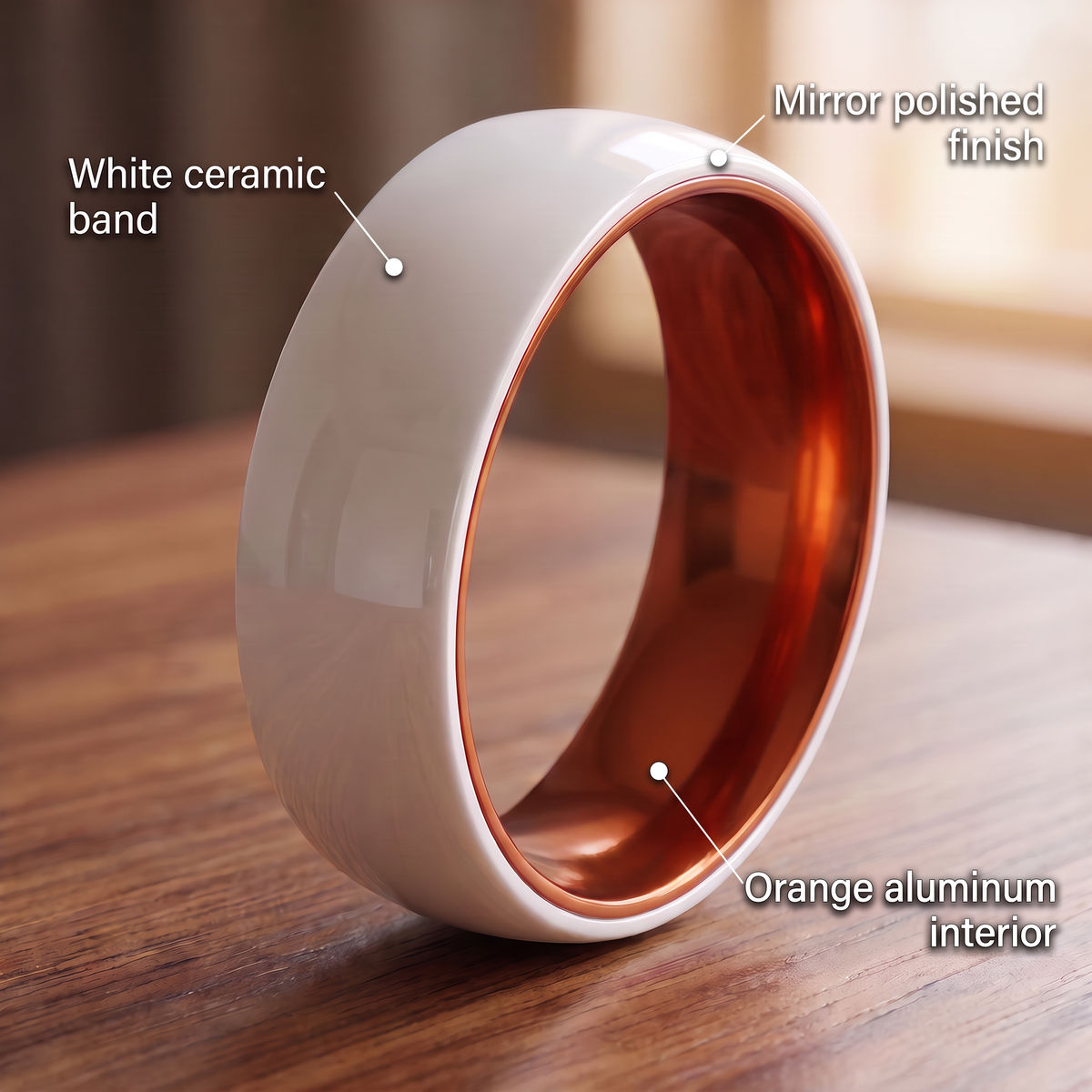 White ceramic band, orange aluminum interior and mirror polished finish callouts