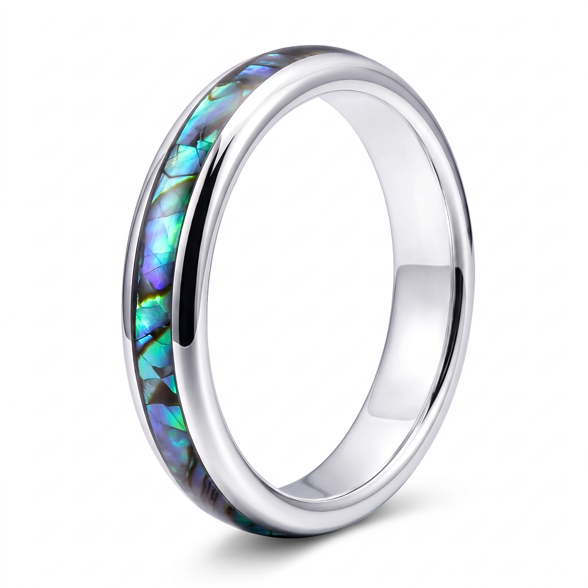 The Iris silver color tungsten ring with an abalone shell inlay, on a white background