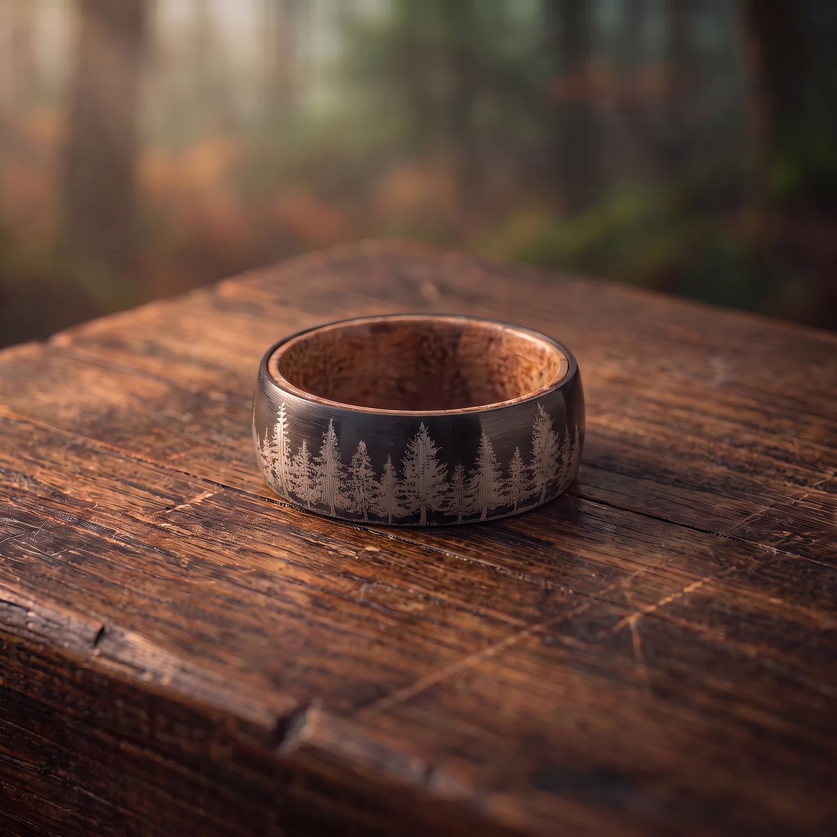 The Timberline ring lying flat on an aged dark oak surface with the forest pattern upright