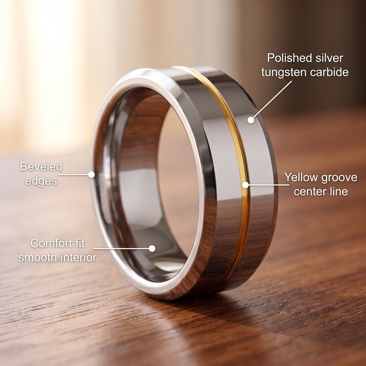 The Meridian ring materials: polished silver tungsten carbide, yellow groove center line, beveled edges, comfort fit smooth interior