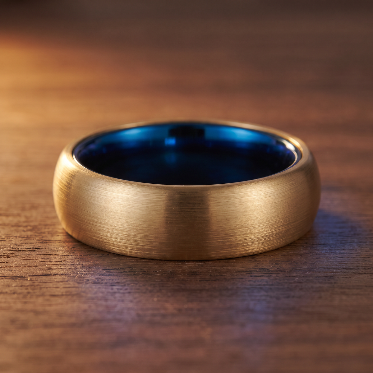 The Lantern brushed gold color tungsten ring lying flat on dark walnut wood