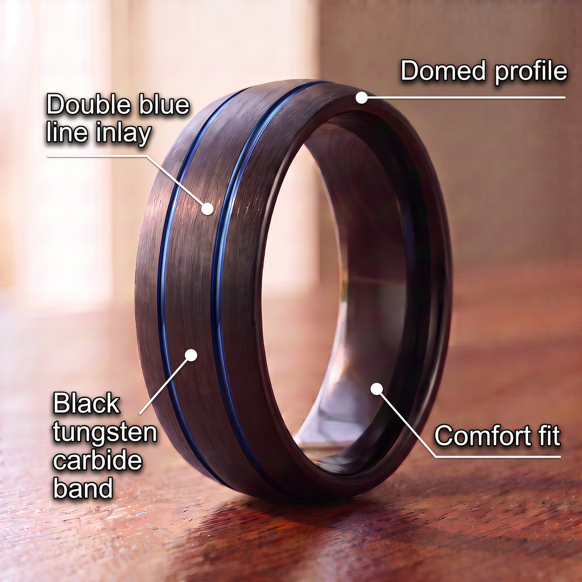 The Riptide black tungsten ring with a double blue line inlay and feature callouts