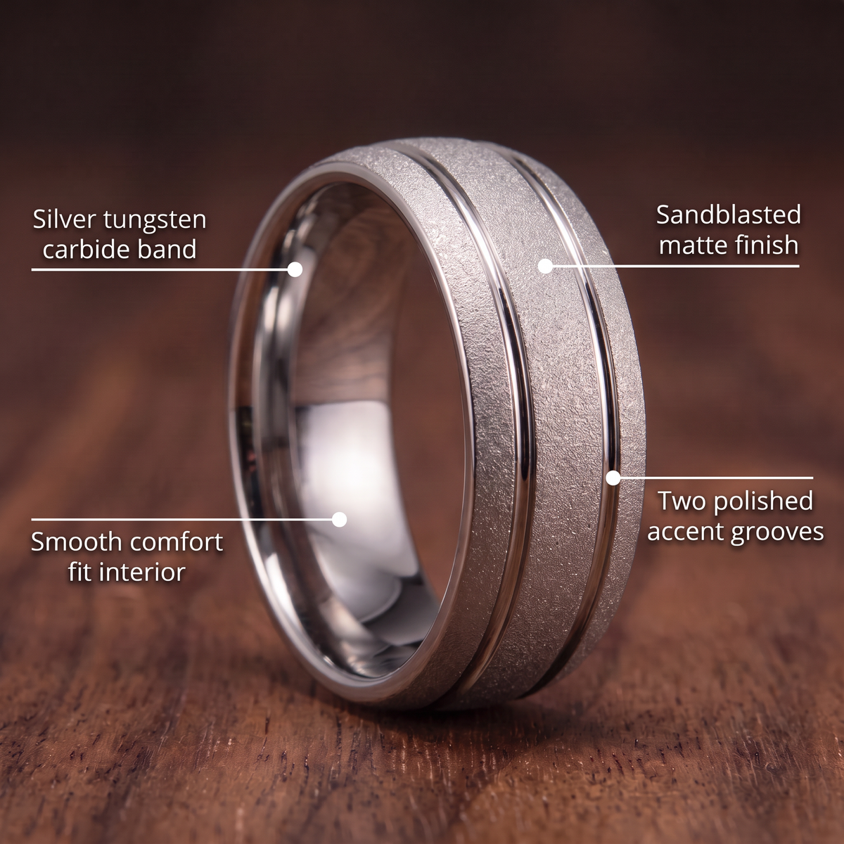 The Granite silver tungsten ring on a walnut table with callouts for silver tungsten carbide band, sandblasted matte finish, two polished accent grooves and smooth comfort fit interior