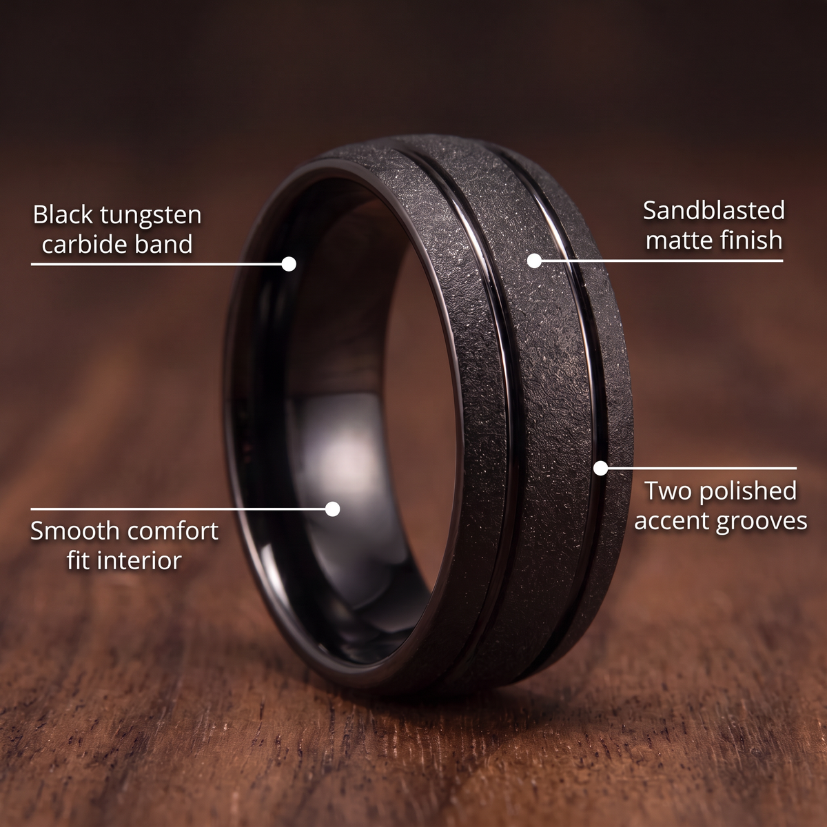 The Granite black tungsten ring on a walnut table with callouts for black tungsten carbide band, sandblasted matte finish, two polished accent grooves and smooth comfort fit interior