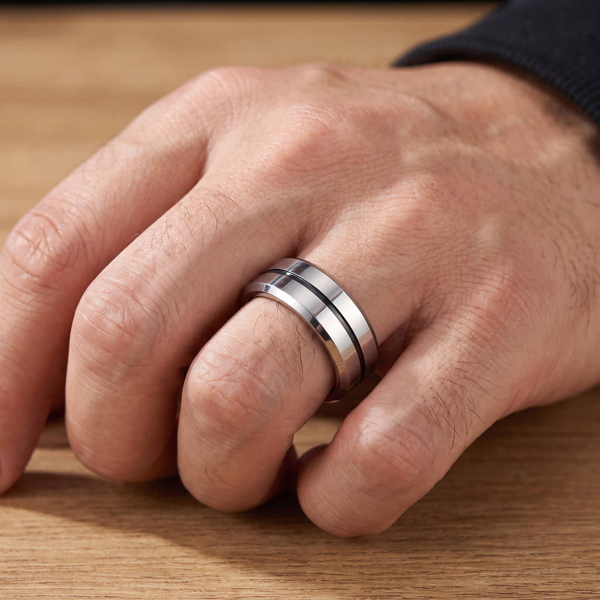 Close up of a man's hand wearing The Meridian tungsten ring with a gray groove line