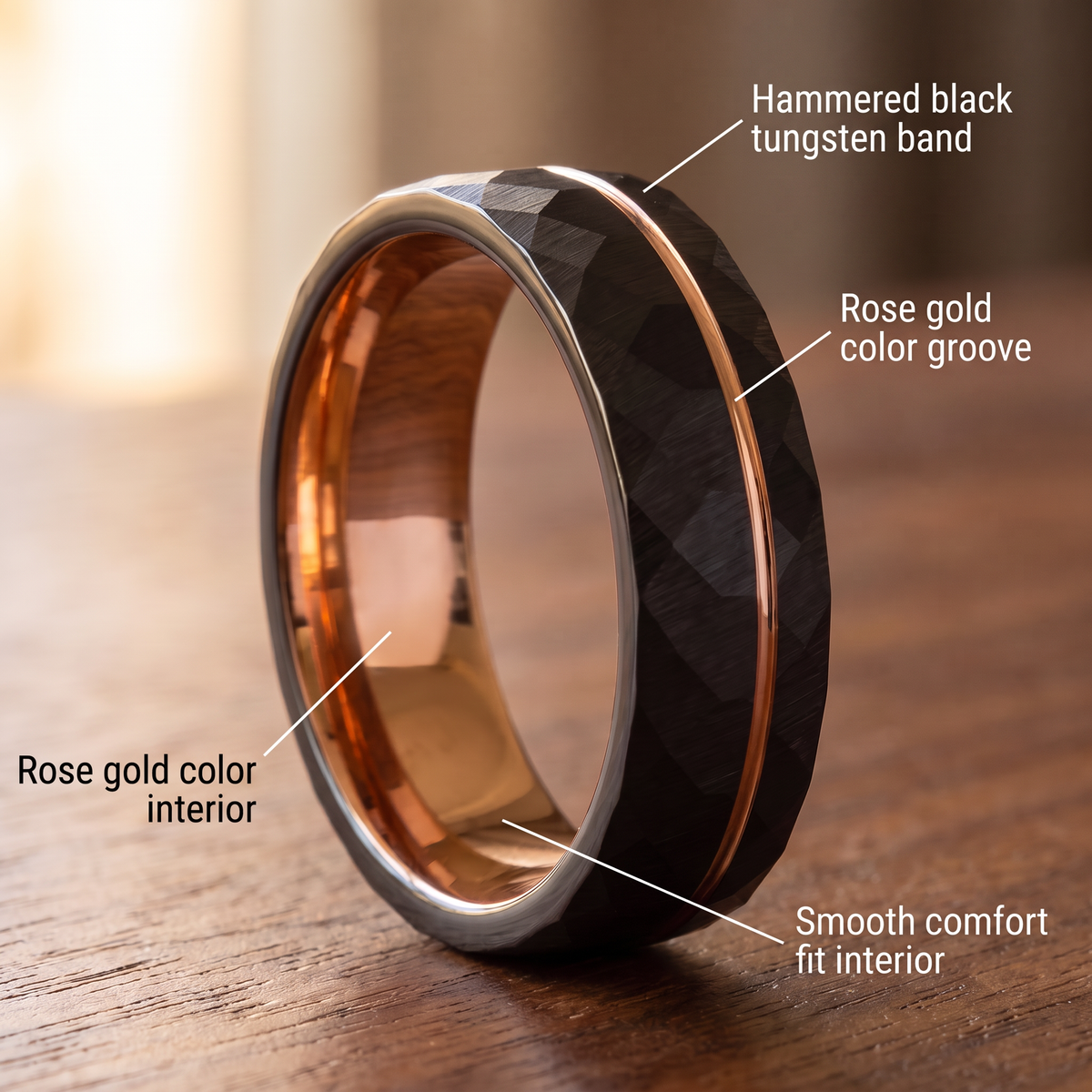 The Daybreak ring features: hammered black tungsten band, rose gold color groove and interior, comfort fit