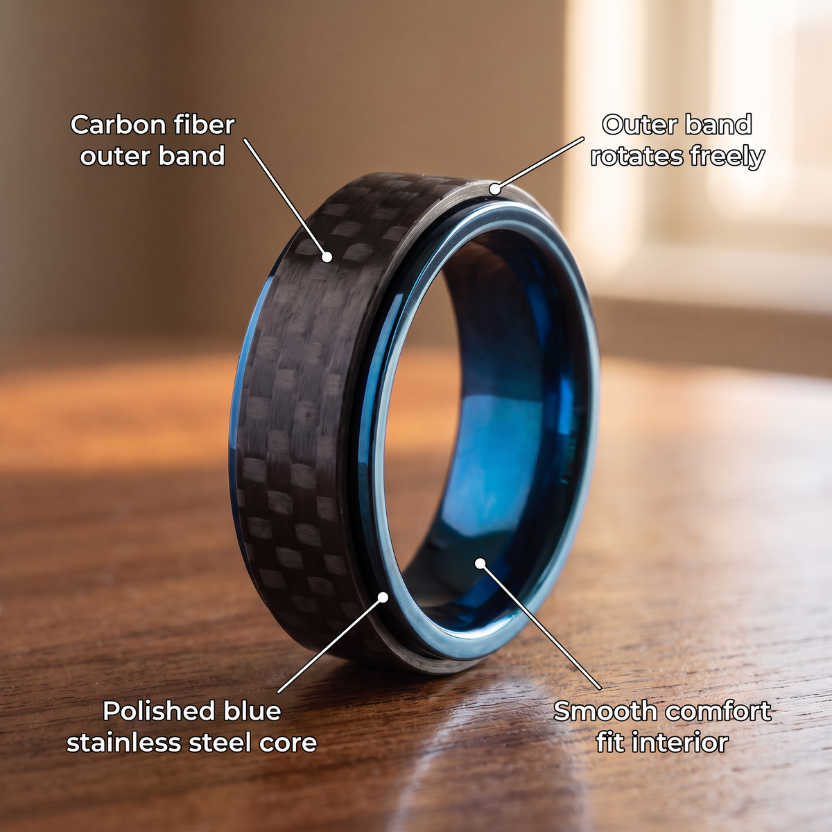 The Spinner ring materials: carbon fiber outer band that rotates freely, polished blue stainless steel core, smooth comfort fit interior
