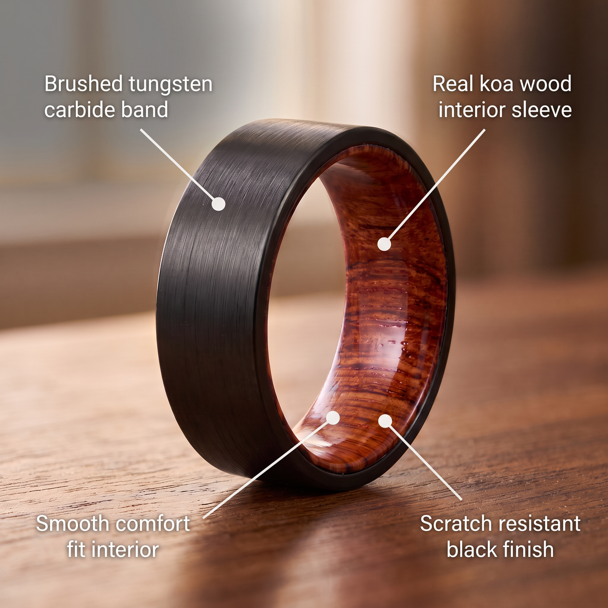 The Ember ring materials: brushed tungsten carbide band, real koa wood interior sleeve, scratch resistant black finish, smooth comfort fit interior