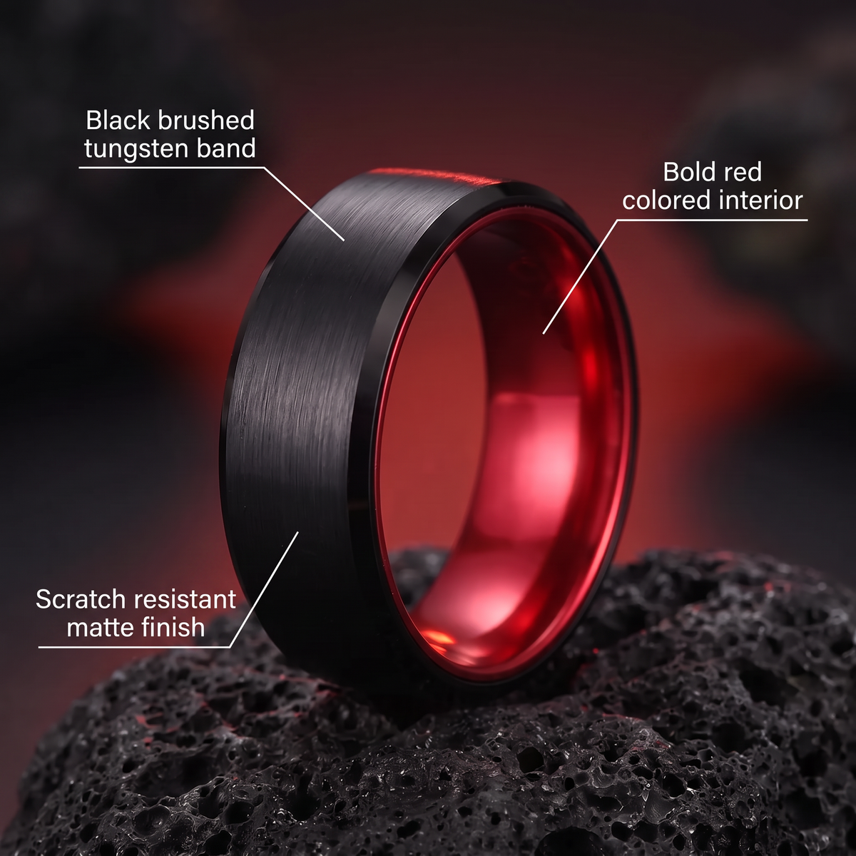 The Redline ring features: black brushed tungsten band, bold red colored interior, scratch resistant matte finish