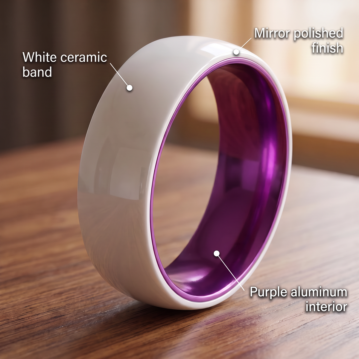 White ceramic band, purple aluminum interior and mirror polished finish callouts