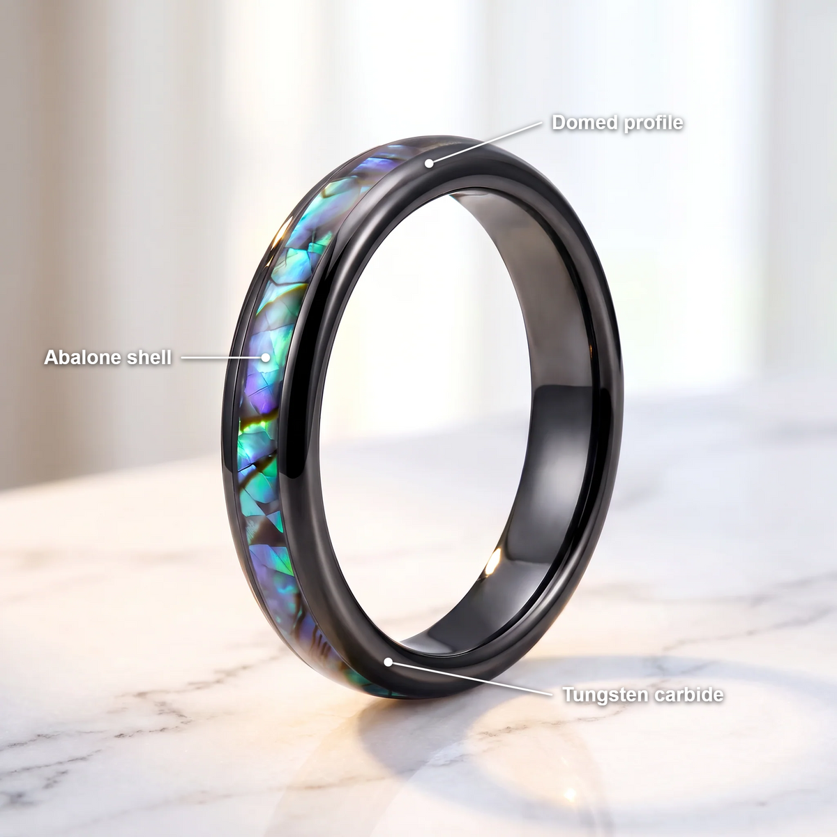 The Iris black tungsten ring with an abalone shell inlay and feature callouts