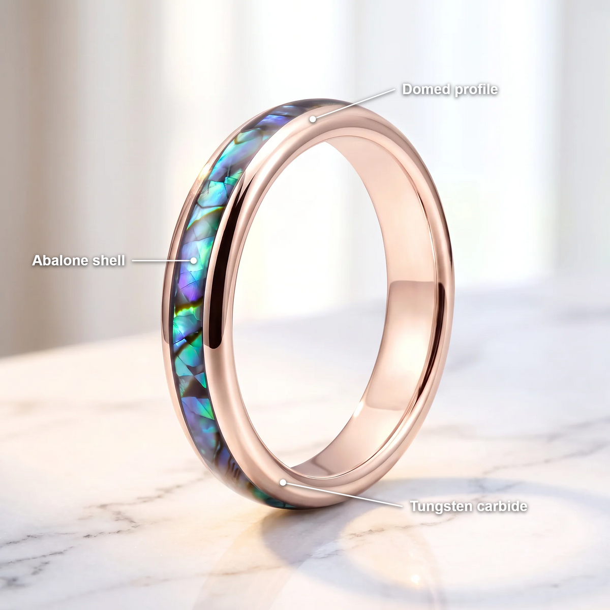 The Iris rose color tungsten ring with an abalone shell inlay and feature callouts