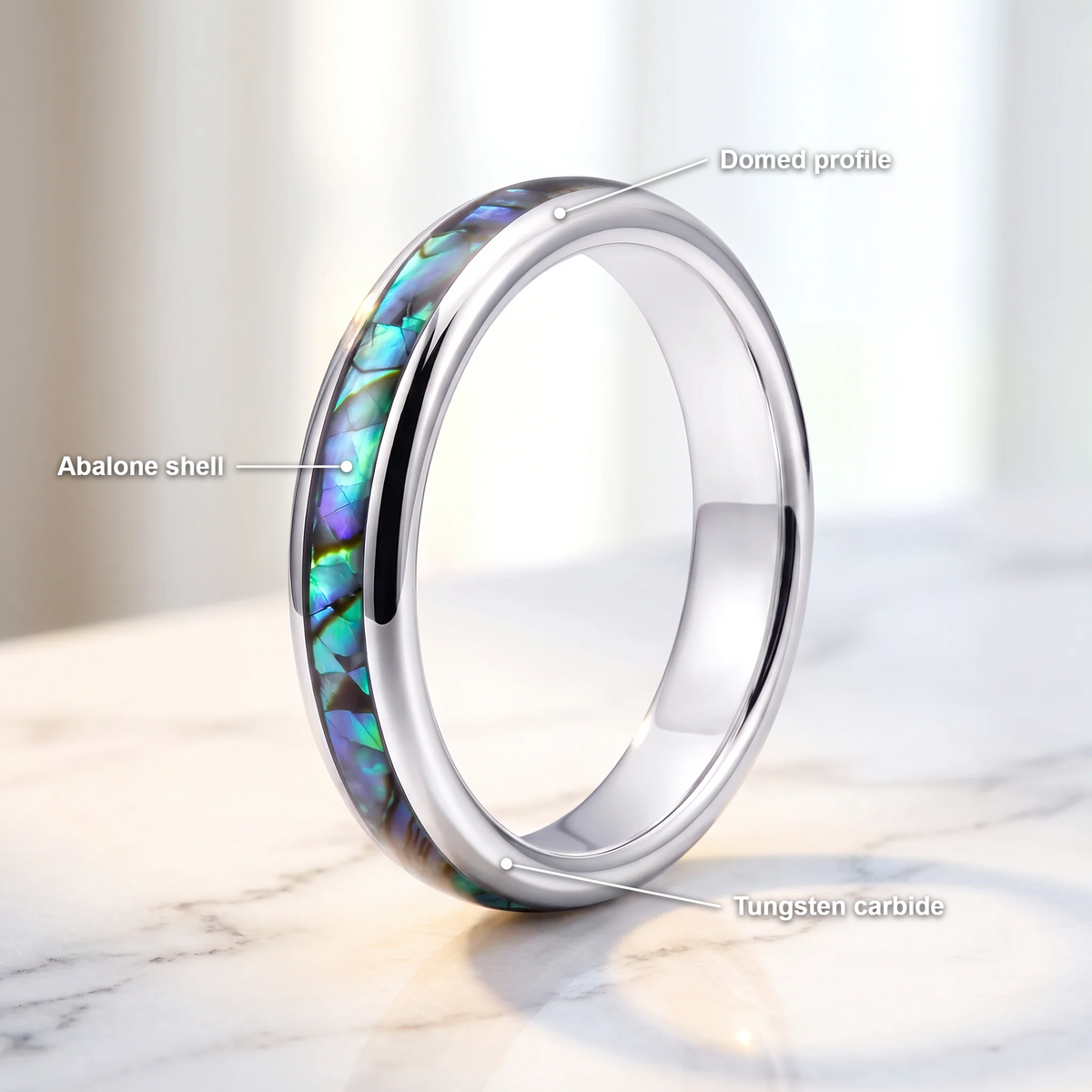 The Iris silver color tungsten ring with an abalone shell inlay and feature callouts