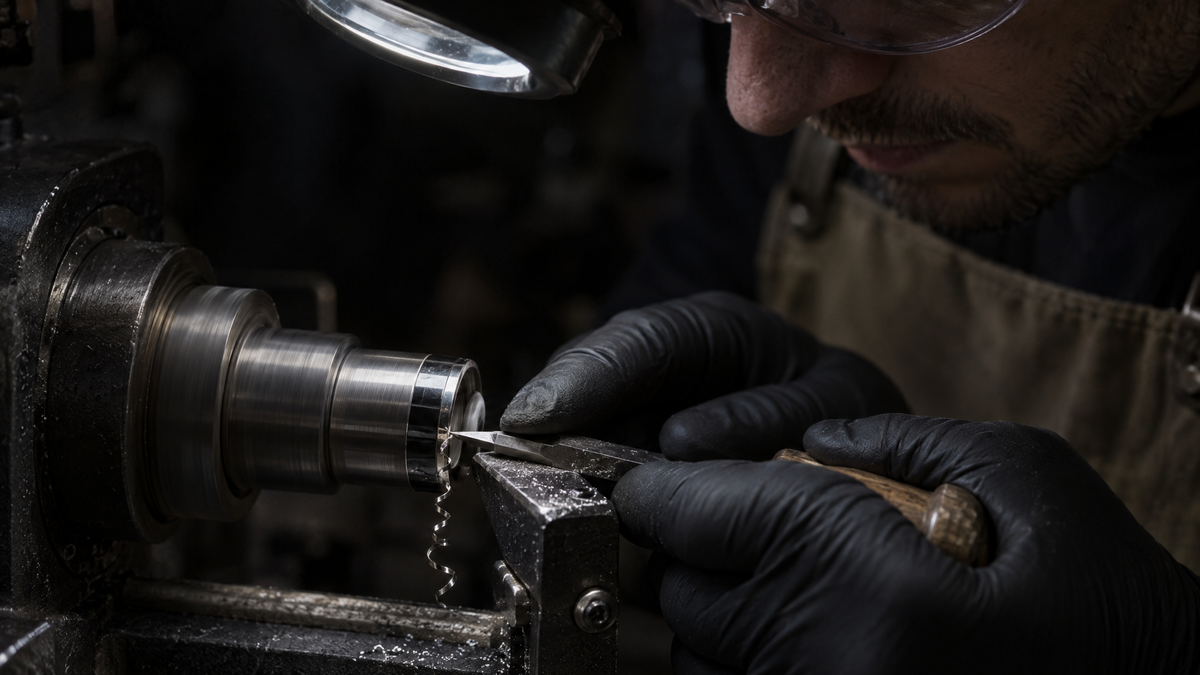Jeweler hand turning a tungsten ring on a lathe