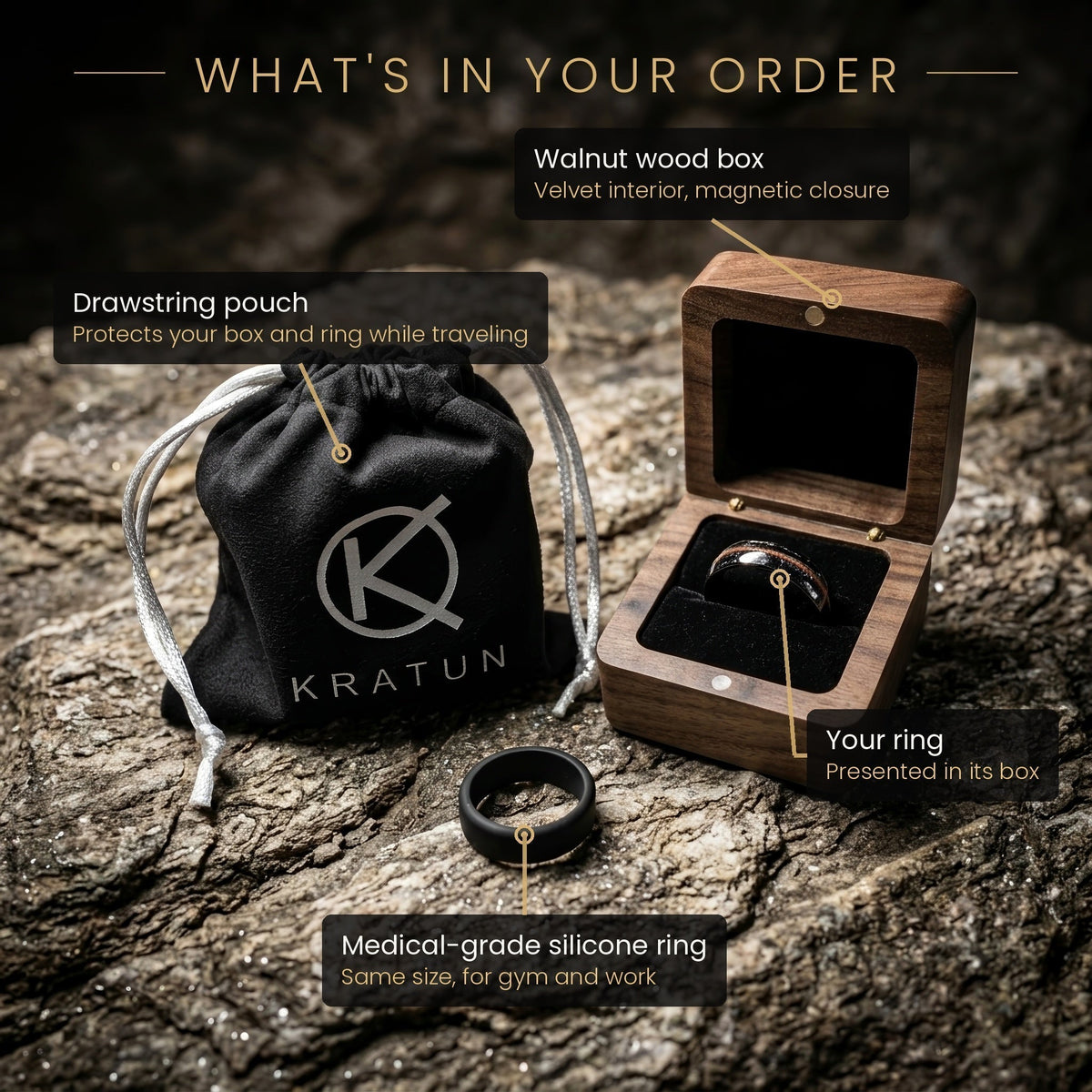 What is included in your order: walnut wood box, drawstring pouch and medical grade silicone ring