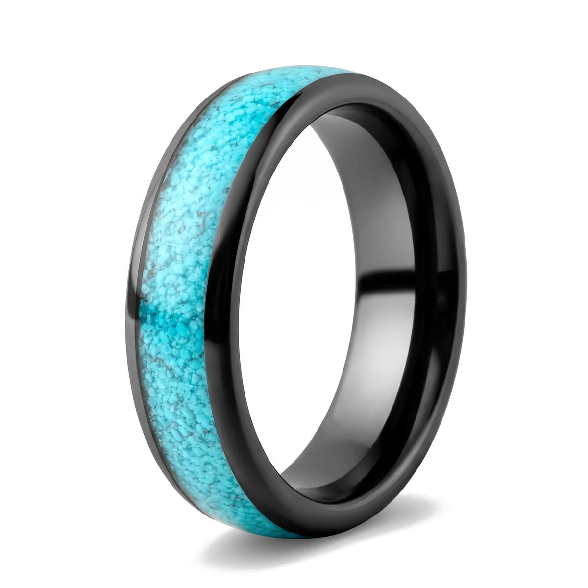 The Lagoon black tungsten ring with crushed turquoise inlay