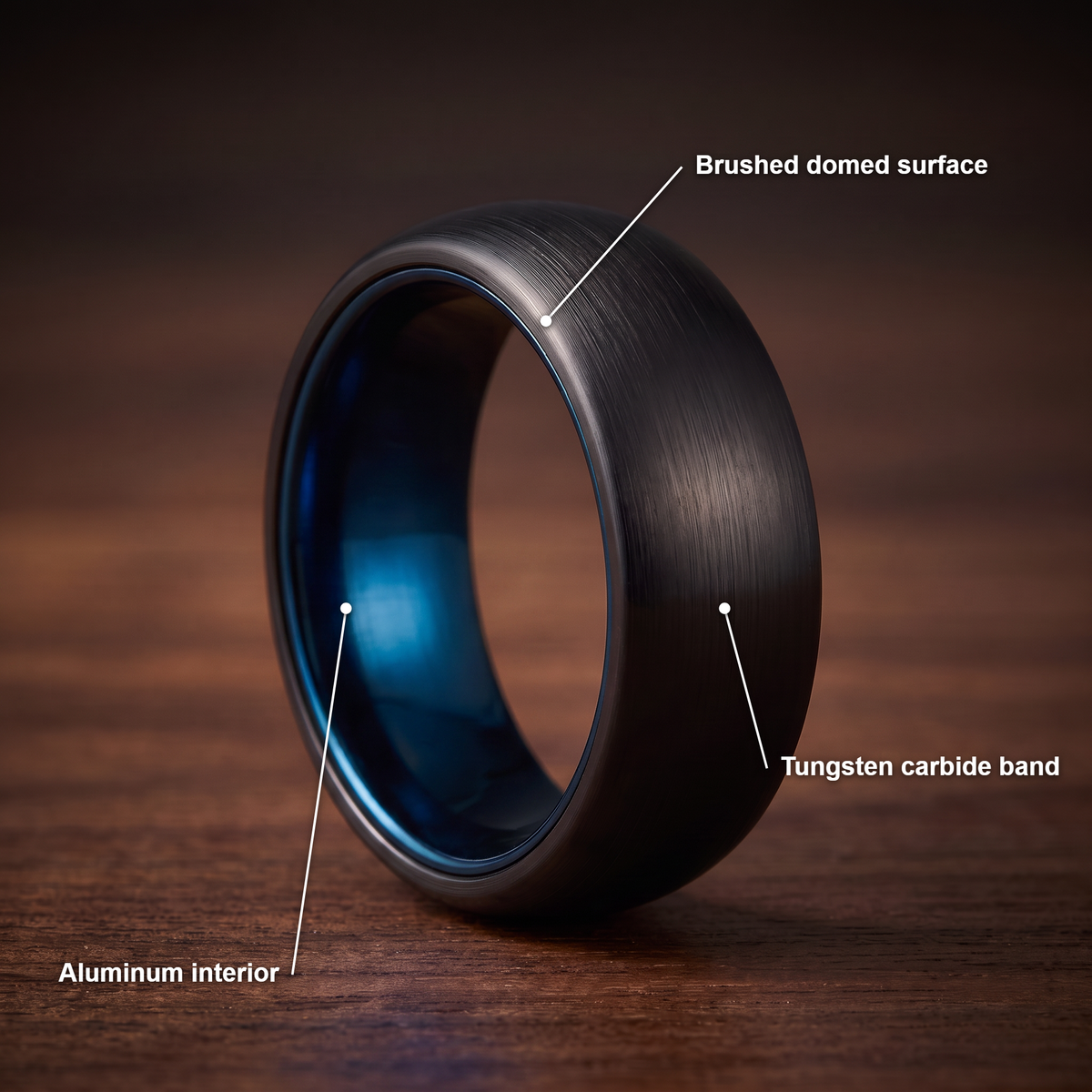 The Lantern brushed black tungsten ring with a blue aluminum interior and feature callouts