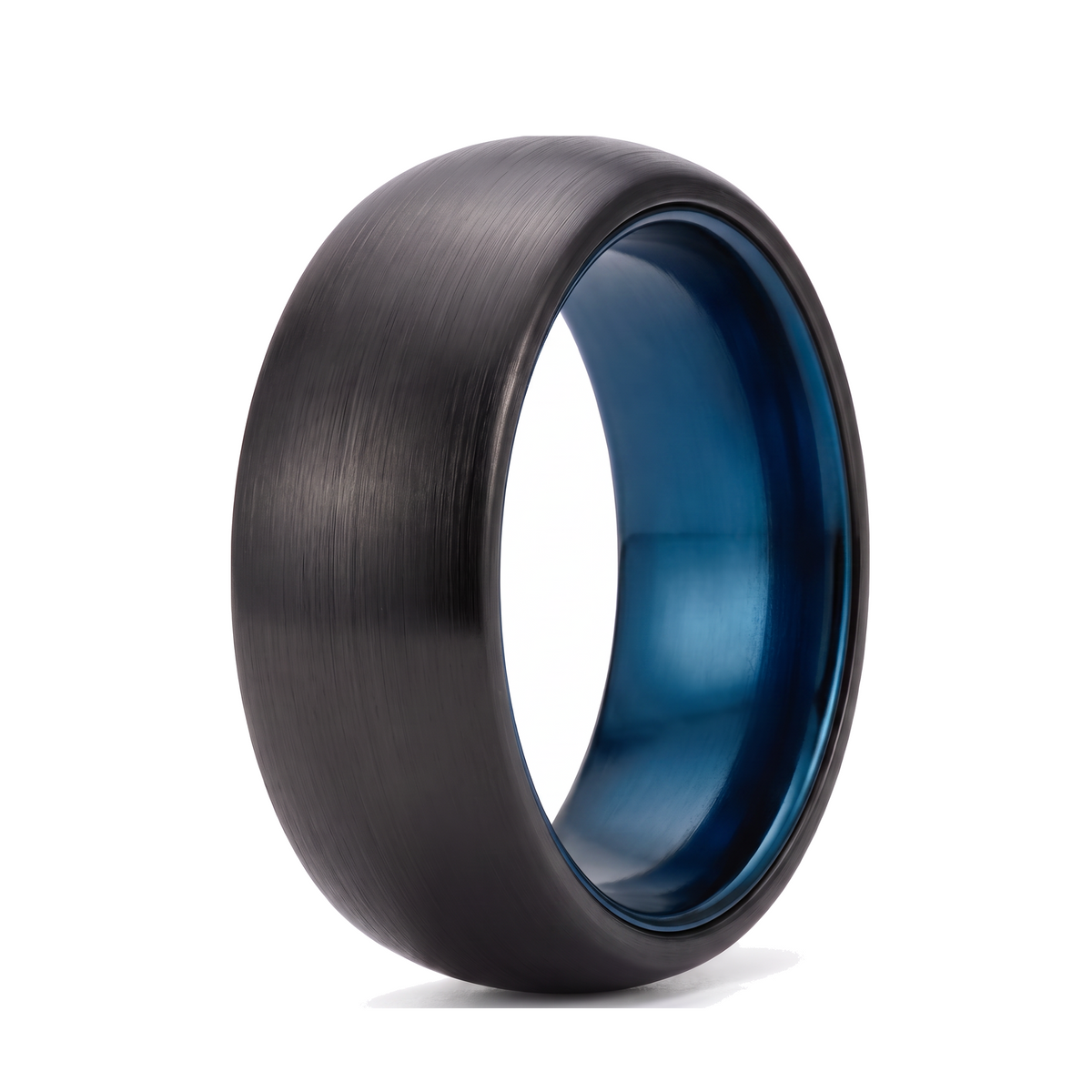 The Lantern brushed black tungsten ring with a blue aluminum interior, on a white background