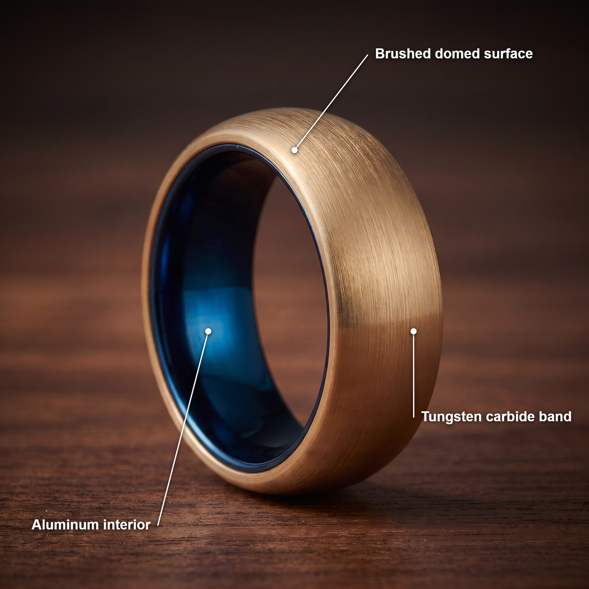 The Lantern brushed gold color tungsten ring with feature callouts