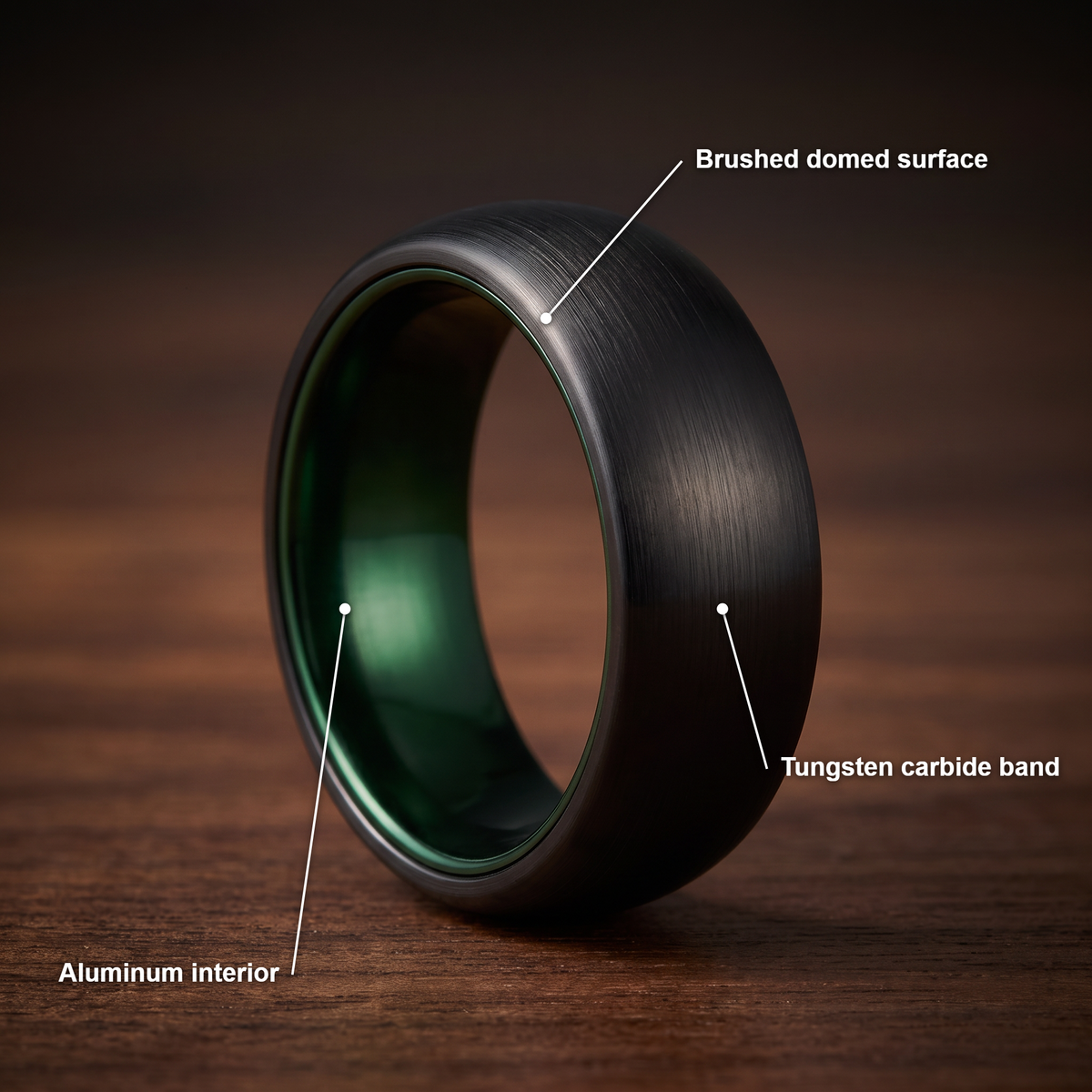The Lantern brushed black tungsten ring with a green aluminum interior and feature callouts