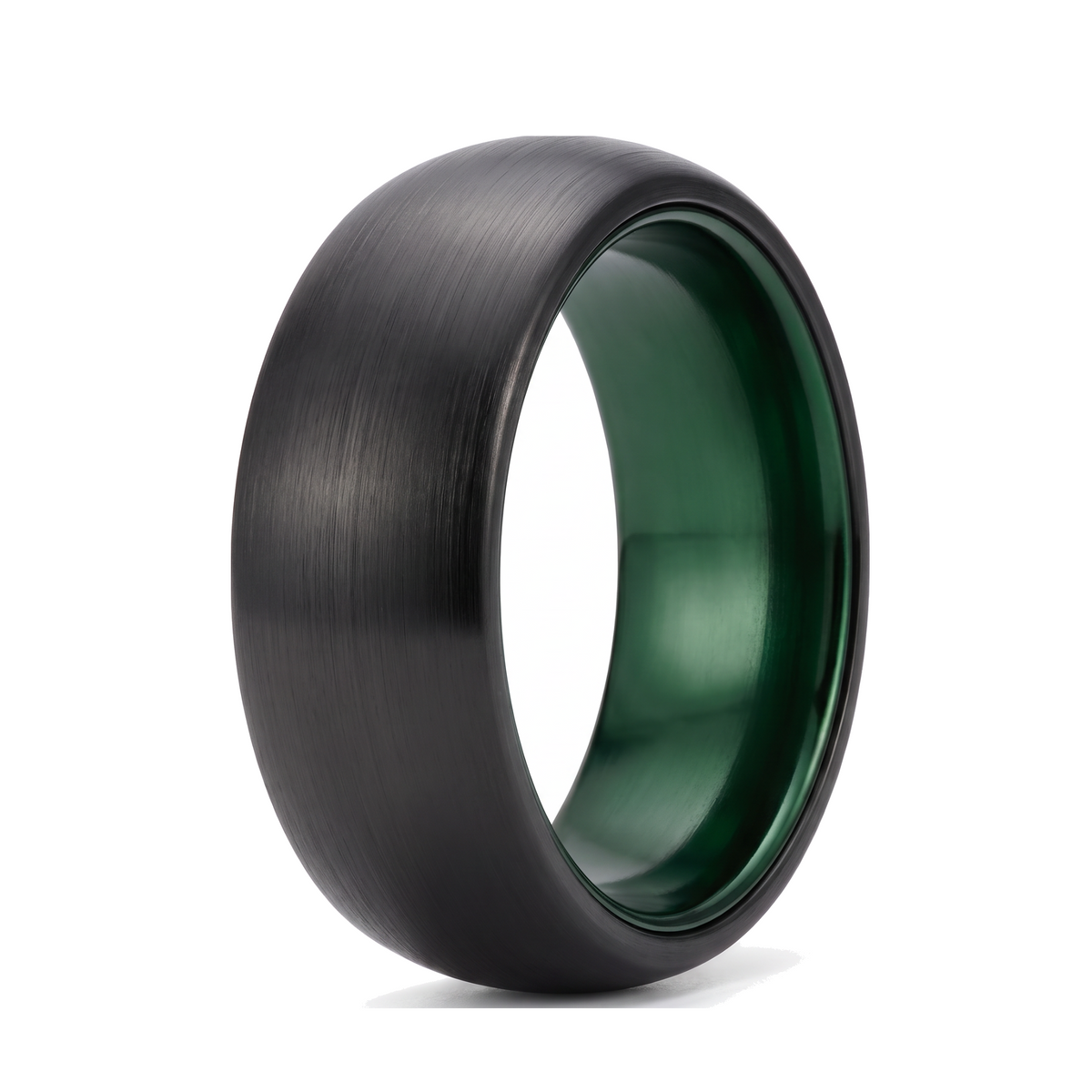 The Lantern brushed black tungsten ring with a green aluminum interior, on a white background
