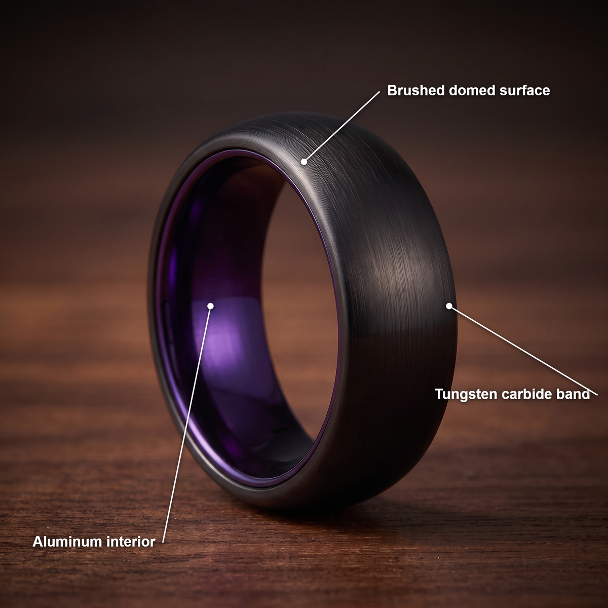 The Lantern brushed black tungsten ring with a purple aluminum interior and feature callouts