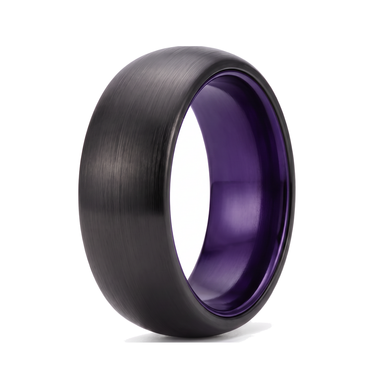 The Lantern brushed black tungsten ring with a purple aluminum interior, on a white background