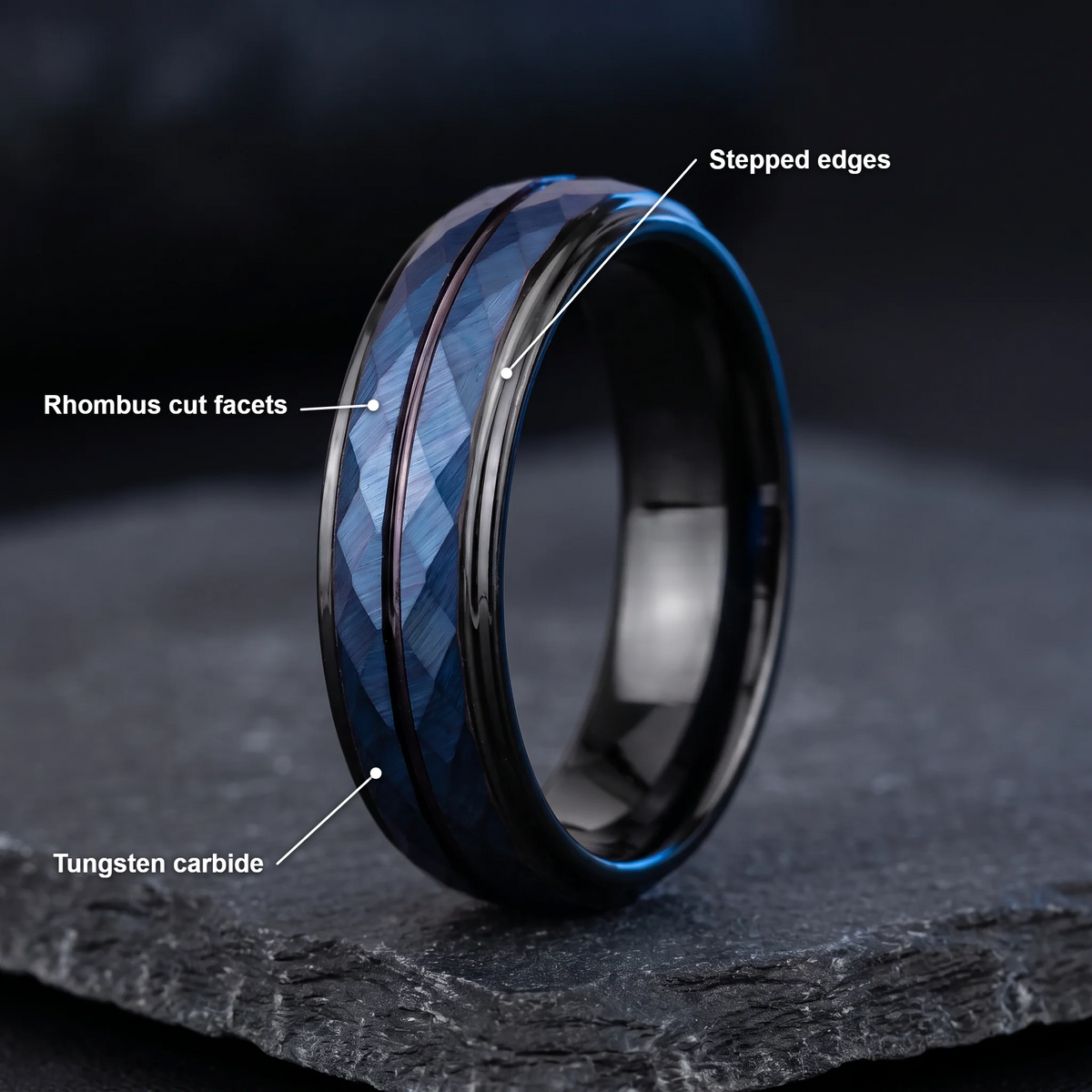 The Lattice black tungsten ring with a blue rhombus cut face and feature callouts