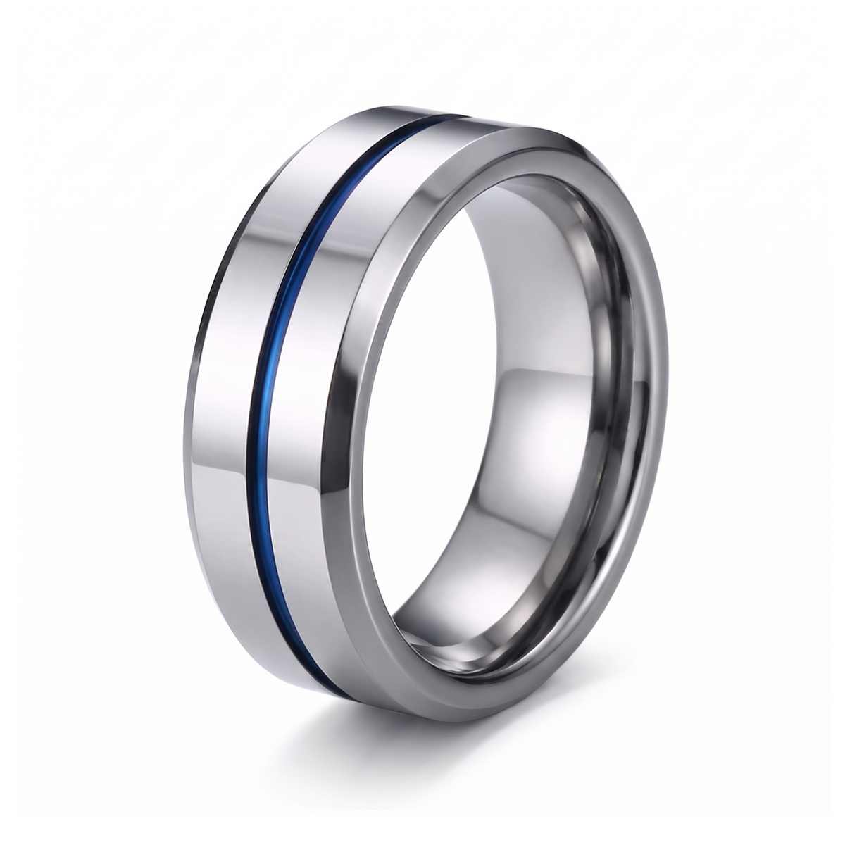 The Meridian polished tungsten ring with a blue groove line on a white background