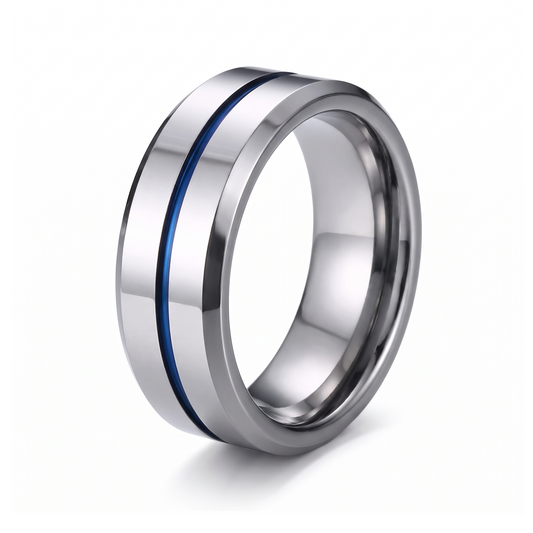 The Meridian polished tungsten ring with a blue groove line on a white background