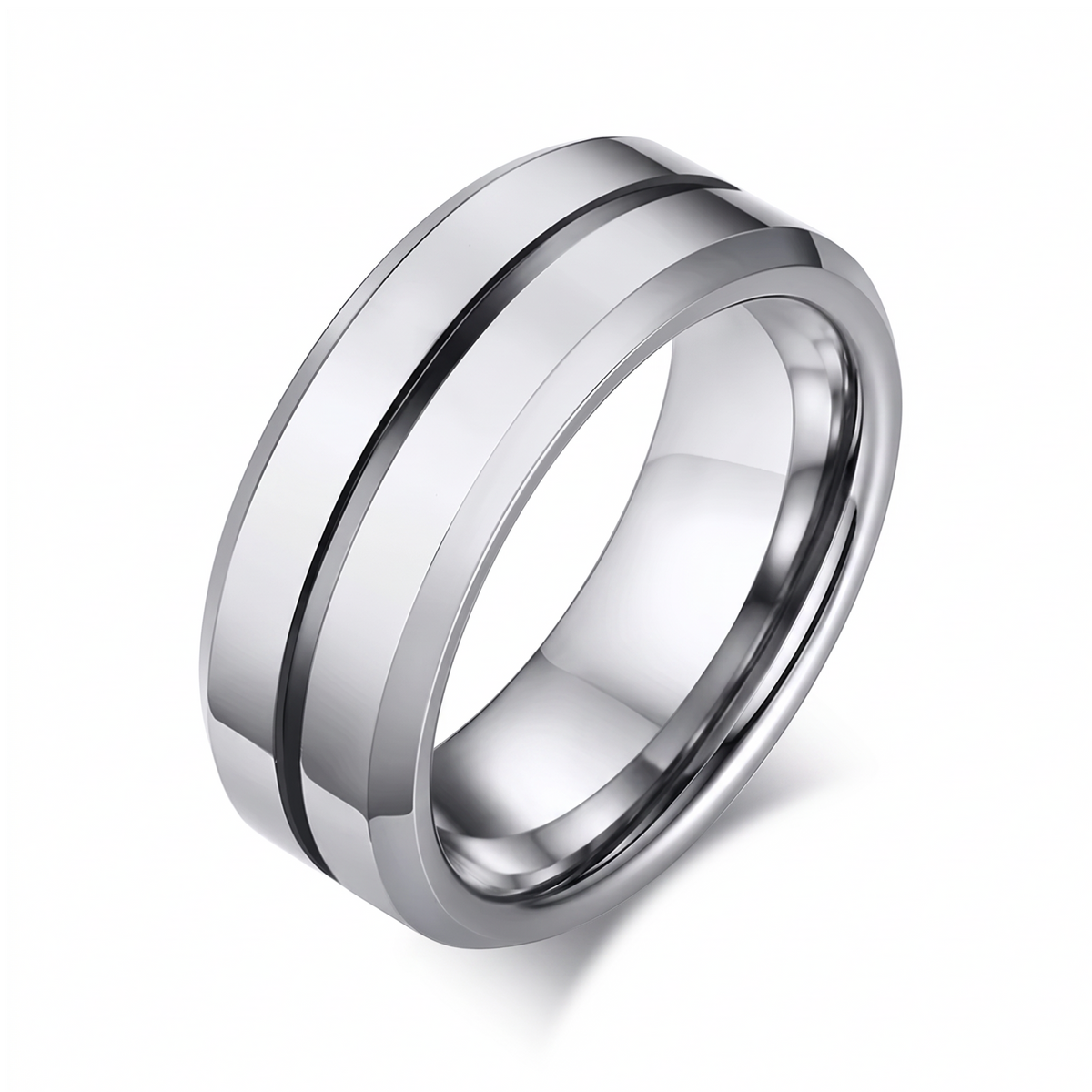 The Meridian polished tungsten ring with a gray groove line on a white background