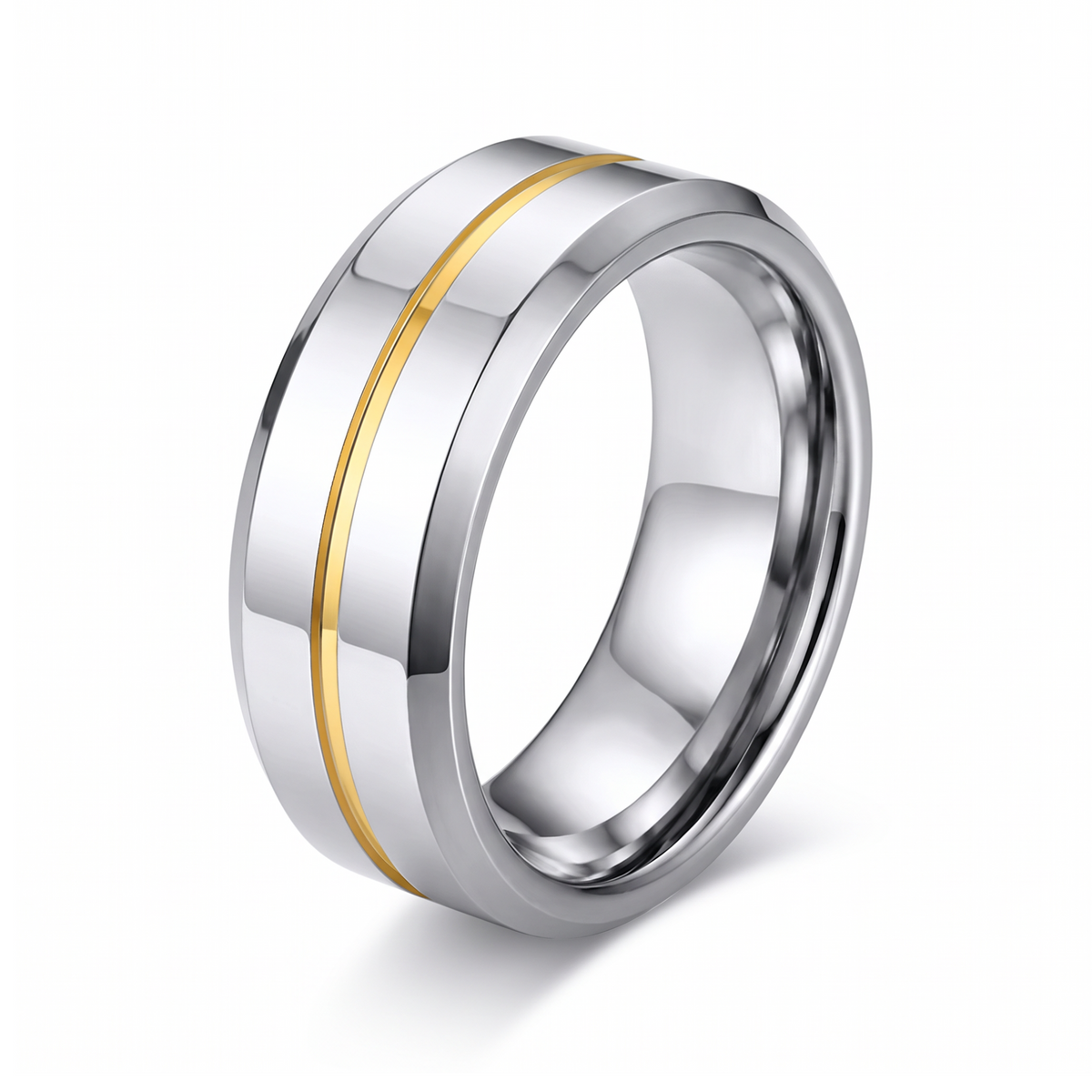 The Meridian polished tungsten ring with a yellow groove line on a white background