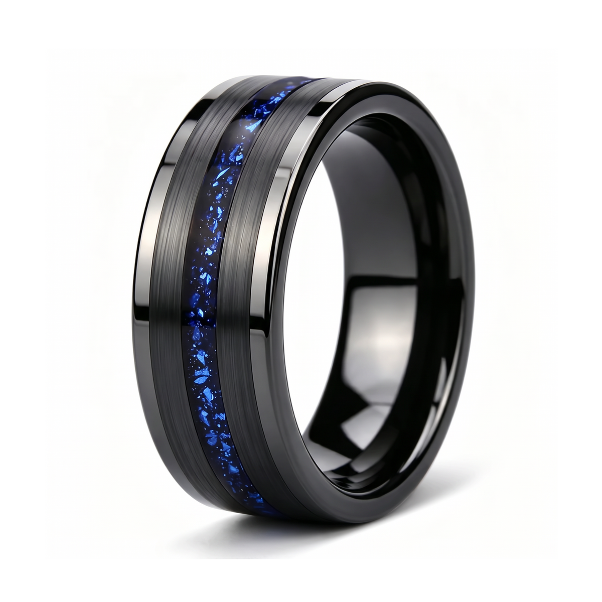 The Nebula black brushed tungsten ring with blue galaxy foil inlay