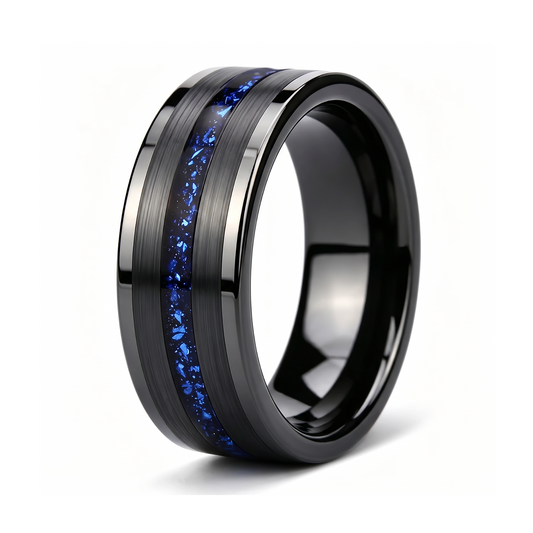 The Nebula black brushed tungsten ring with blue galaxy foil inlay