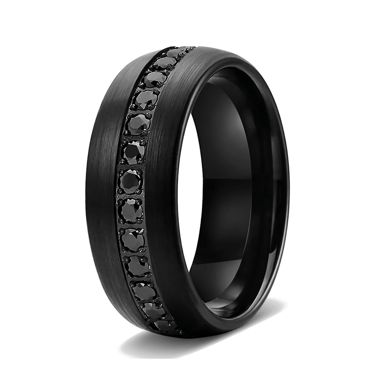 The Obsidian black brushed tungsten ring with a row of black CZ stones on a white background