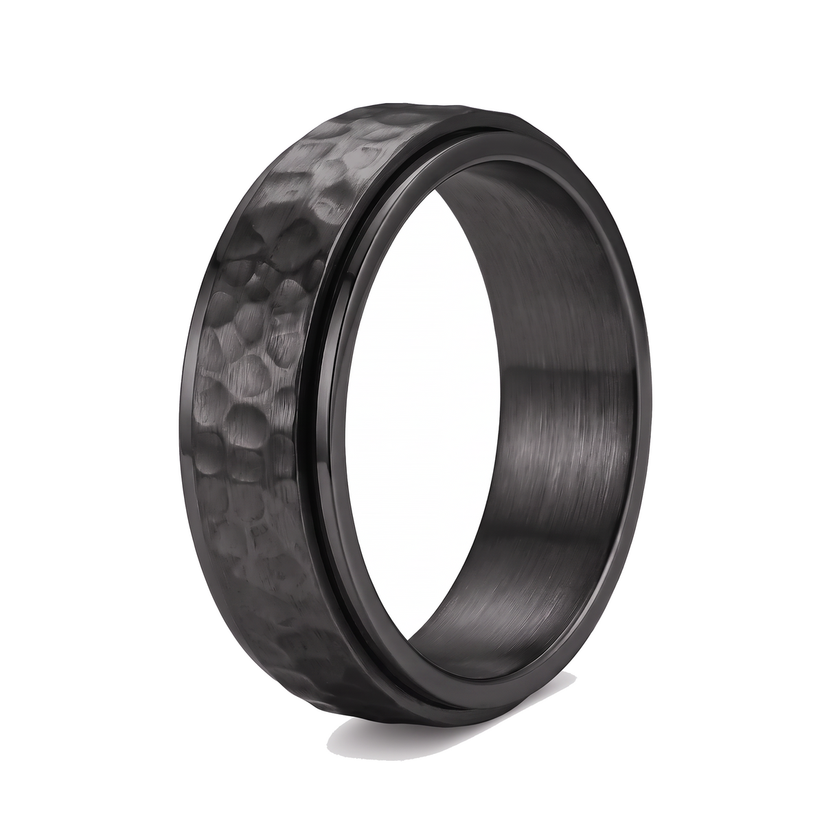 The Orbit black stainless steel spinner ring with a hammered band on a white background