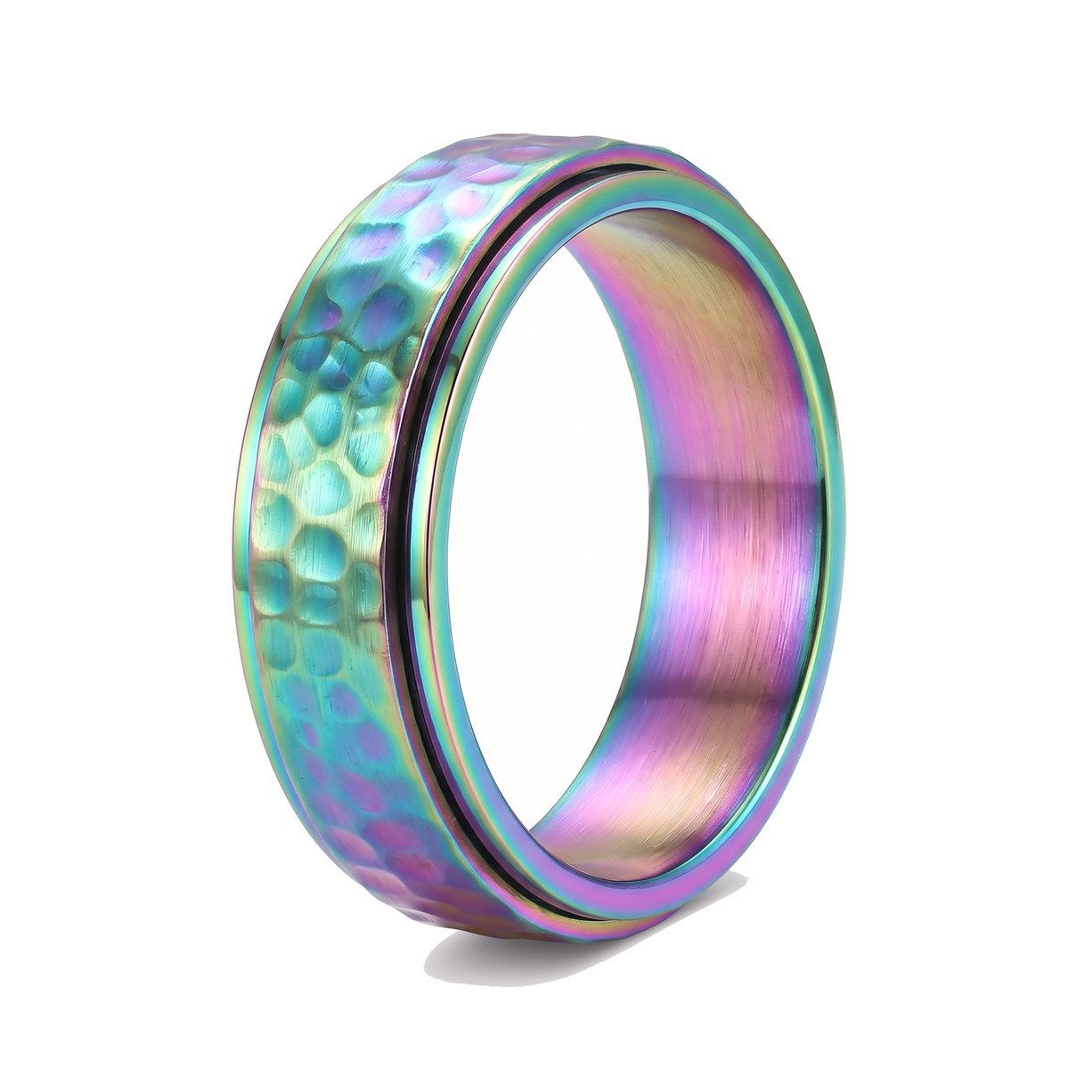 The Orbit rainbow stainless steel spinner ring with a hammered band on a white background