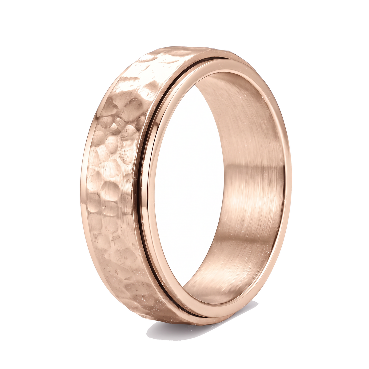 The Orbit rose stainless steel spinner ring with a hammered band on a white background