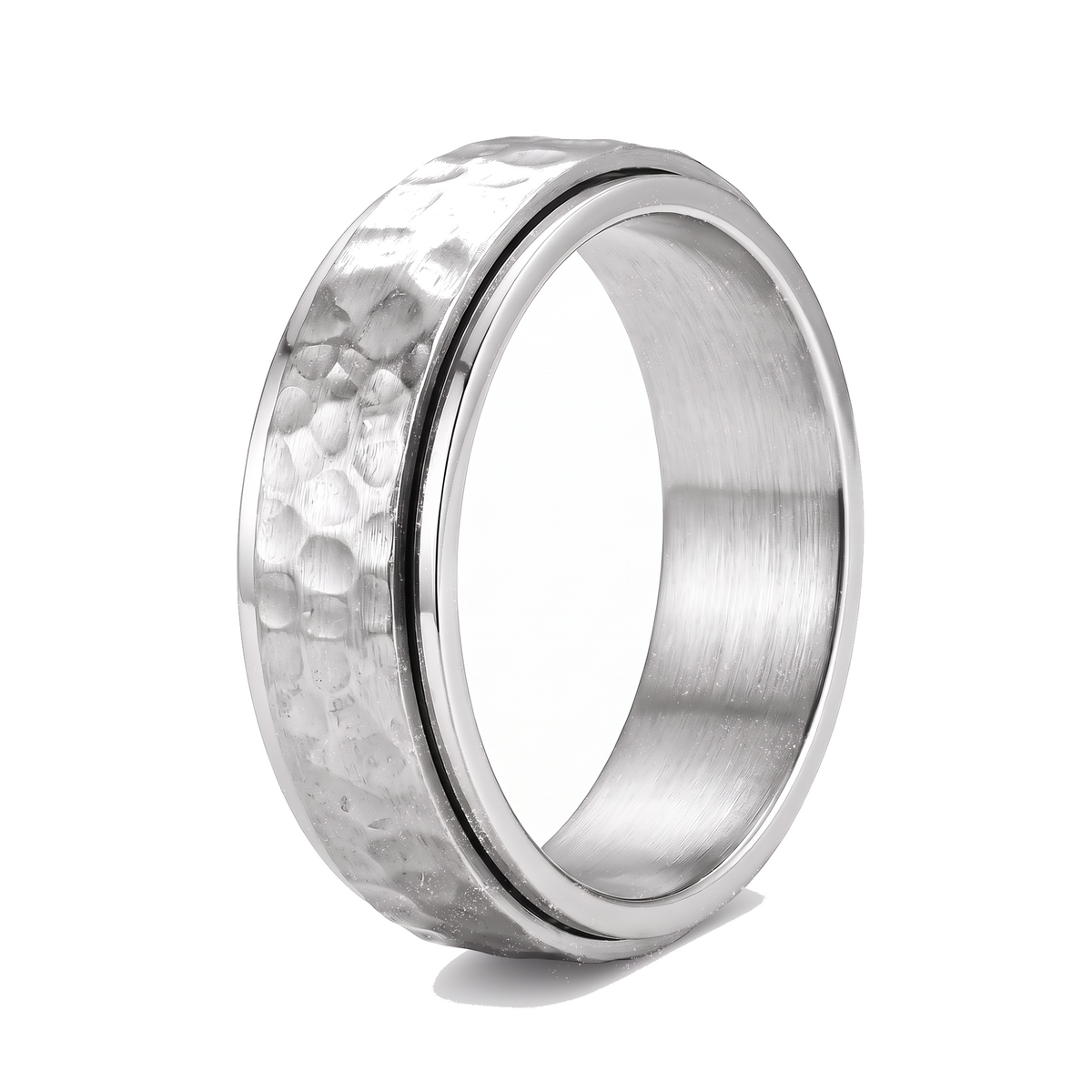 The Orbit silver stainless steel spinner ring with a hammered band on a white background