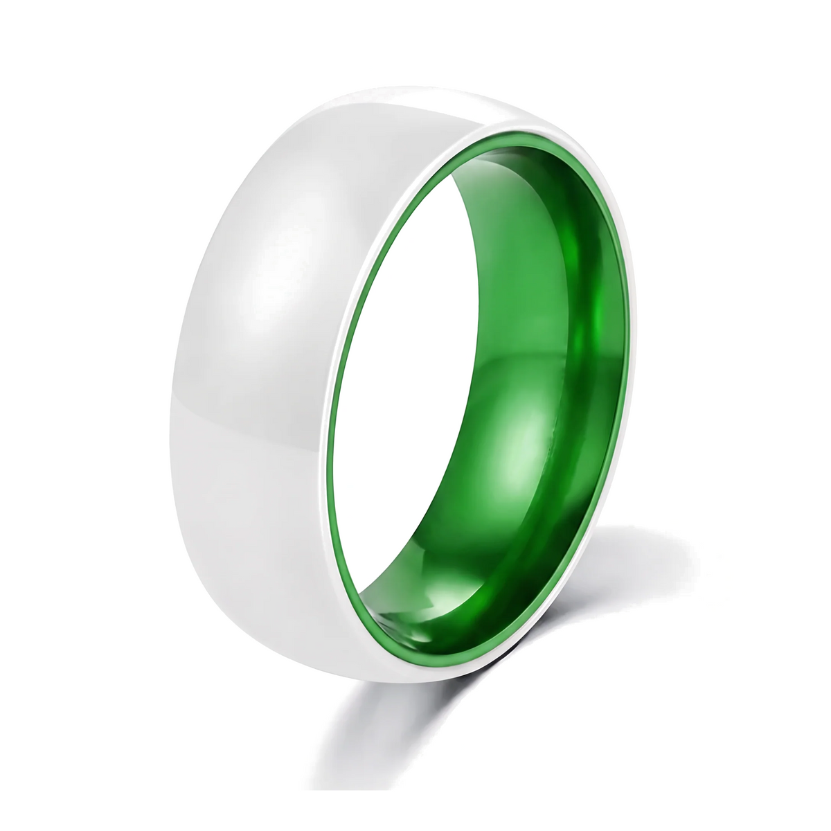 The Prism white ceramic ring with green anodized aluminum interior