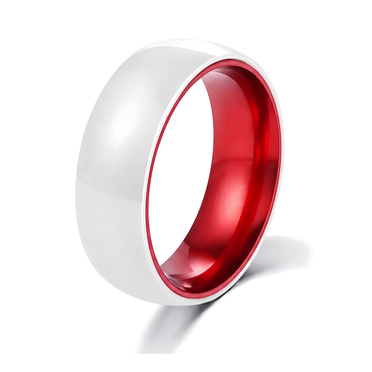 The Prism white ceramic ring with red anodized aluminum interior